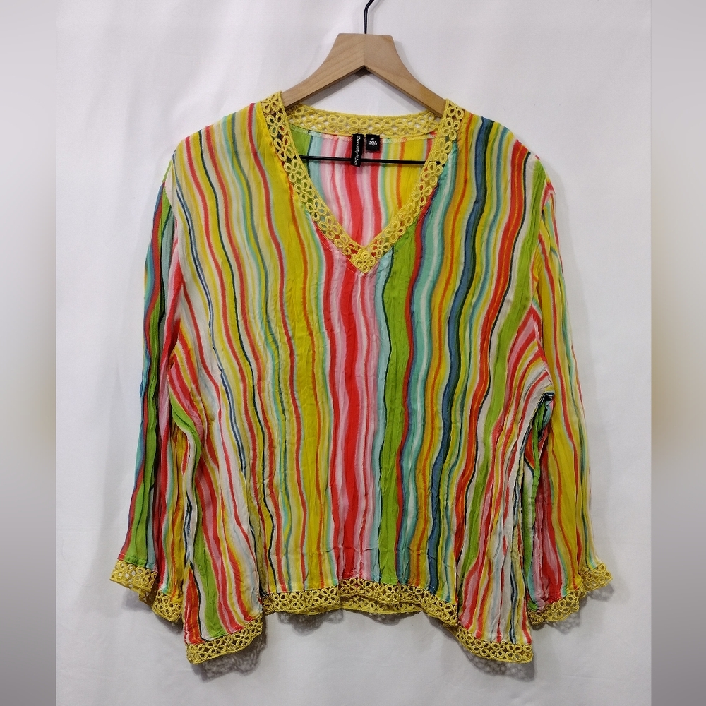 Essentials by Milano Multicolor Striped Top Women's XL Crinkle Artsy Retro 90s